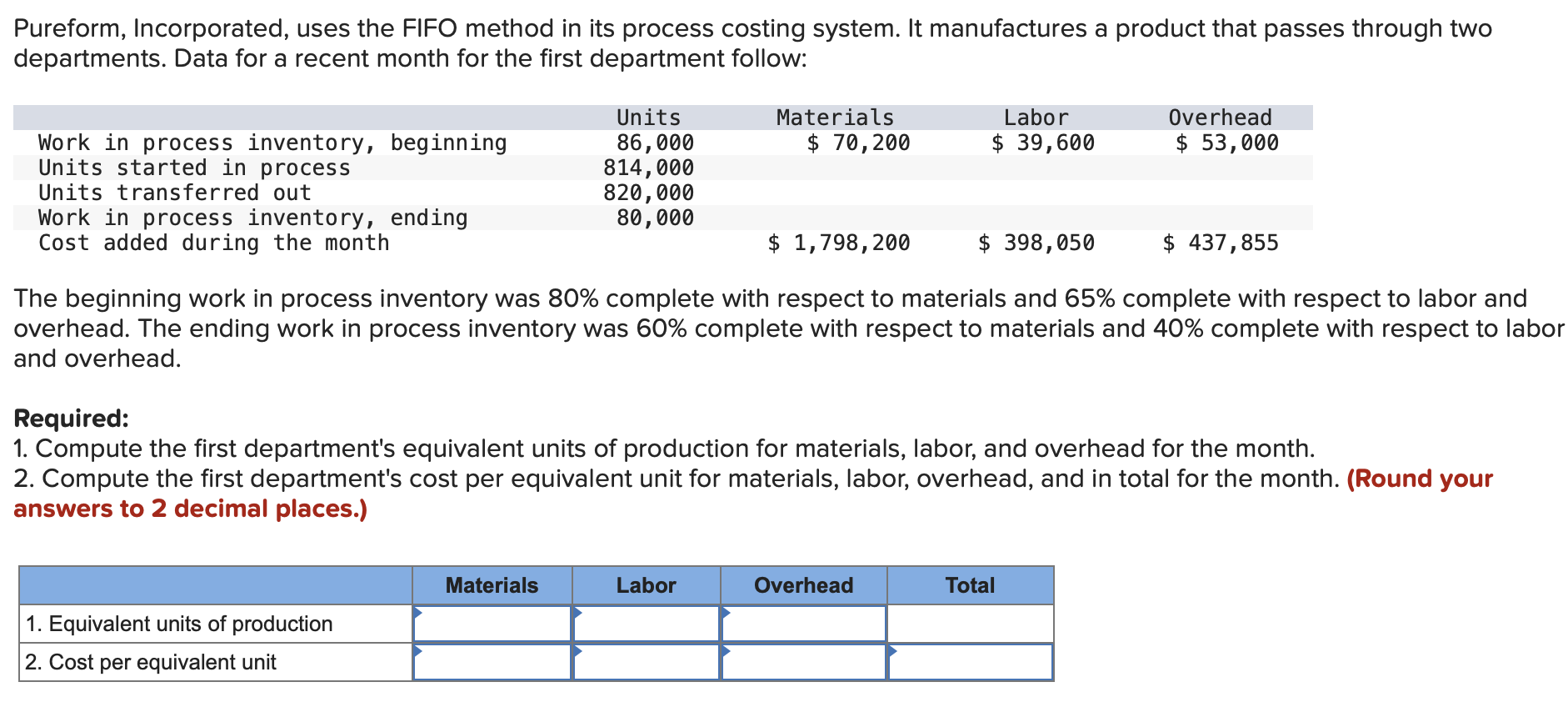  Pureform, Incorporated, uses the FIFO method in its process costing system.