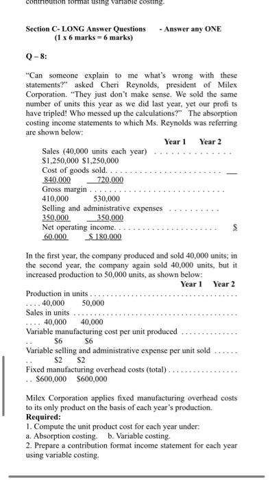  costing Section C-LONG Answer Questions - Answer any ONE (1 x