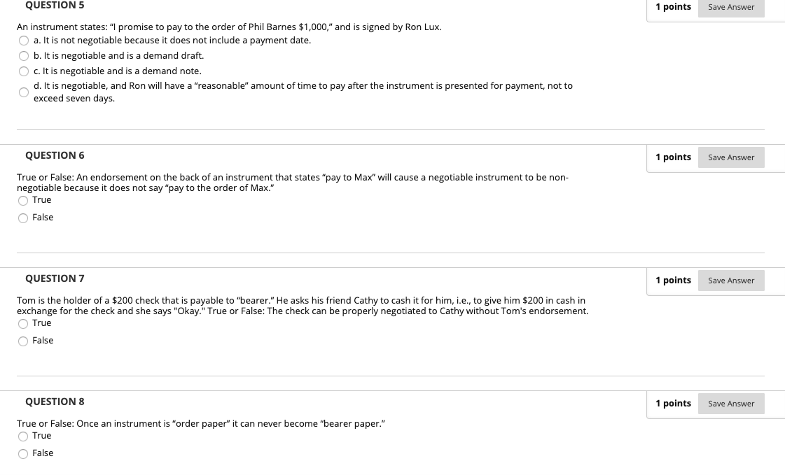  QUESTION 5 1 points Save Answer An instrument states: "I promise