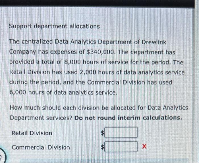 How much should each division be allocated for Data Analytics Department services?