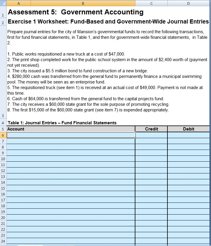 I need help completing this assignment Assessment 5. Government Accounting 2 Exercise