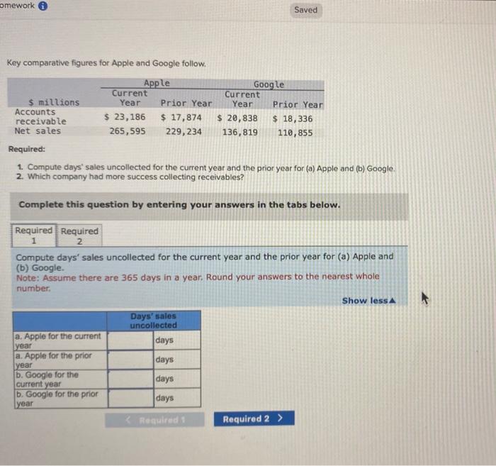  Key comparative figures for Apple and Google follow. Required: 1. Compute