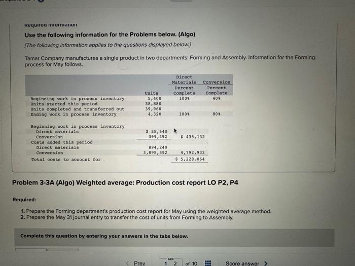  requirea mormation Use the following information for the Problems below. (Algo)