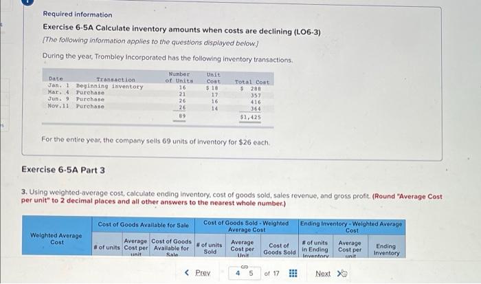  Required information Exercise 6-5A Calculate inventory amounts when costs are declining