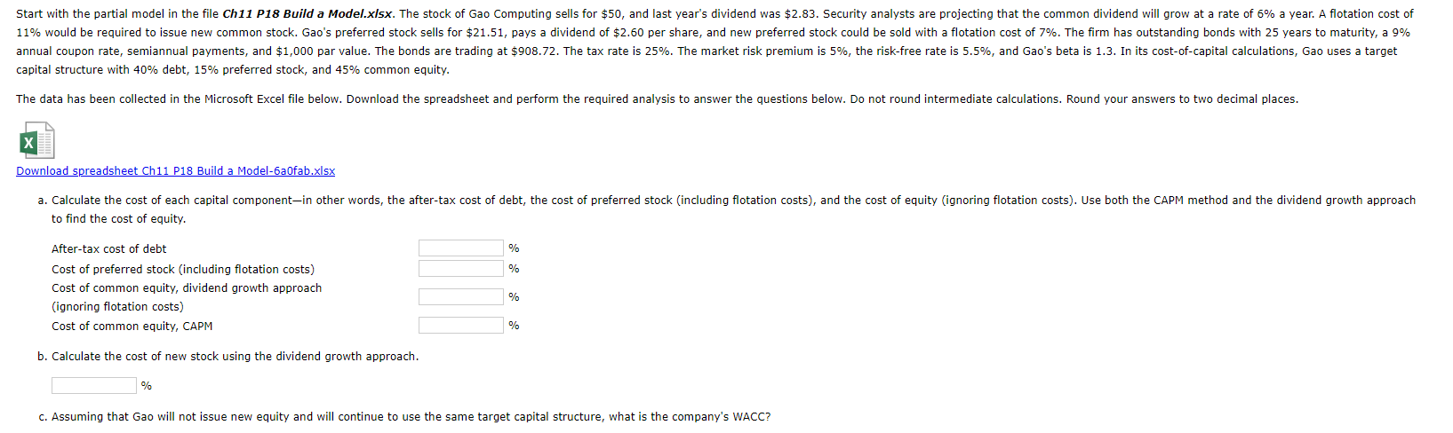  capital structure with 40% debt, 15% preferred stock, and 45% common