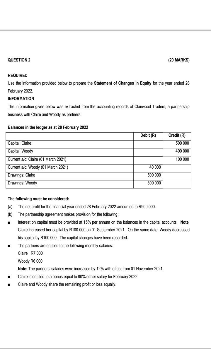  QUESTION 2 (20 MARKS) REQUIRED Use the information provided below to