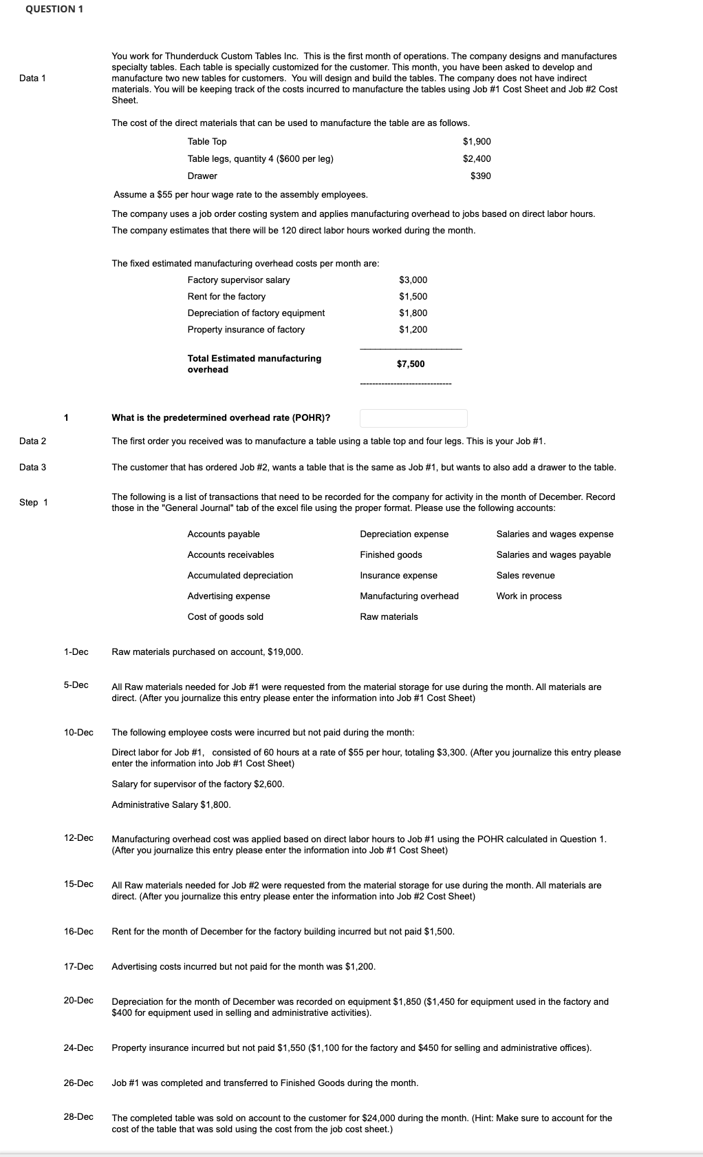 ta 1 You work for Thunderduck Custom Tables Inc. This is