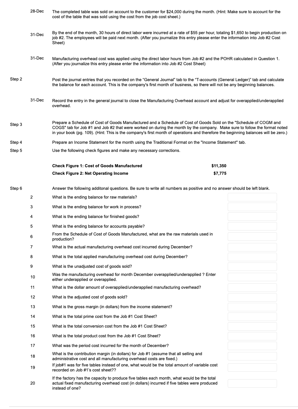 the first month of operations. The company designs and manufactures specialty tables.