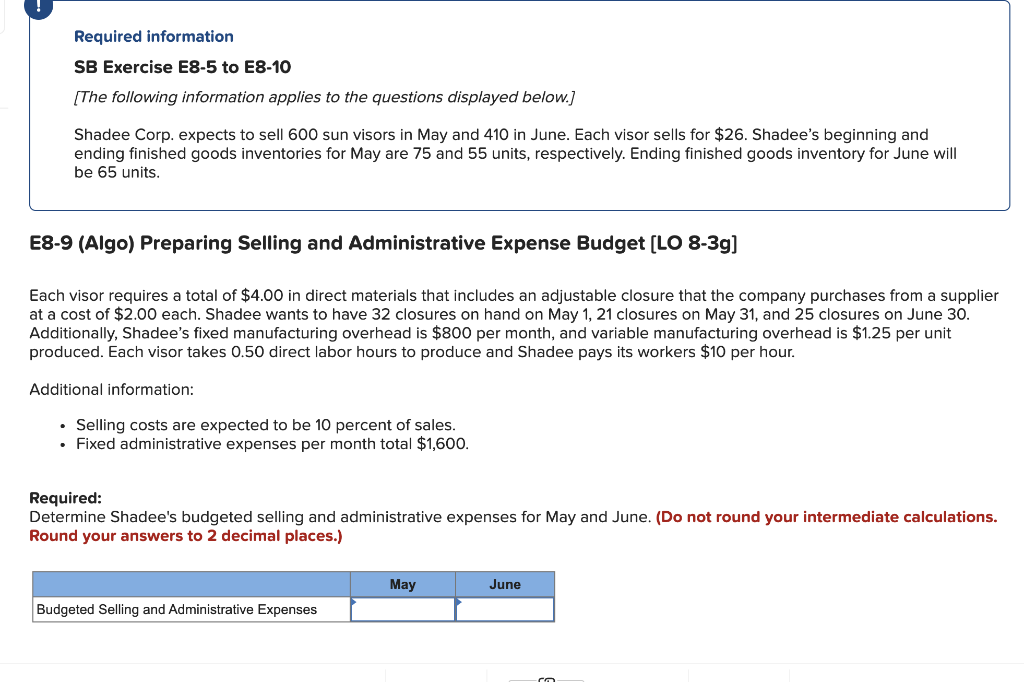Shadee's budgeted production in units for May and June. Answer is complete