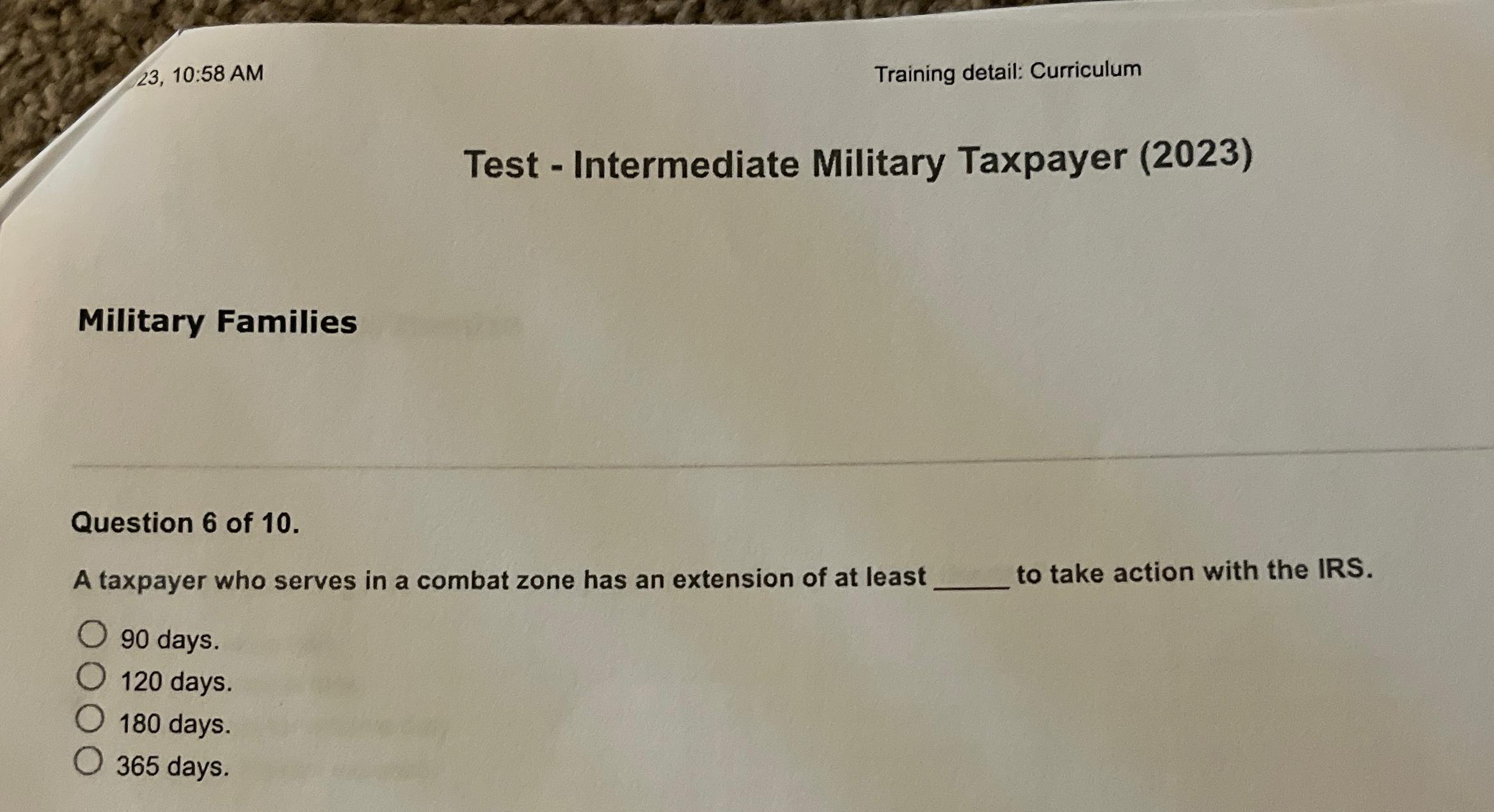  23,10:58AM Training detail: Curriculum Test - Intermediate Military Taxpayer (2023) Military