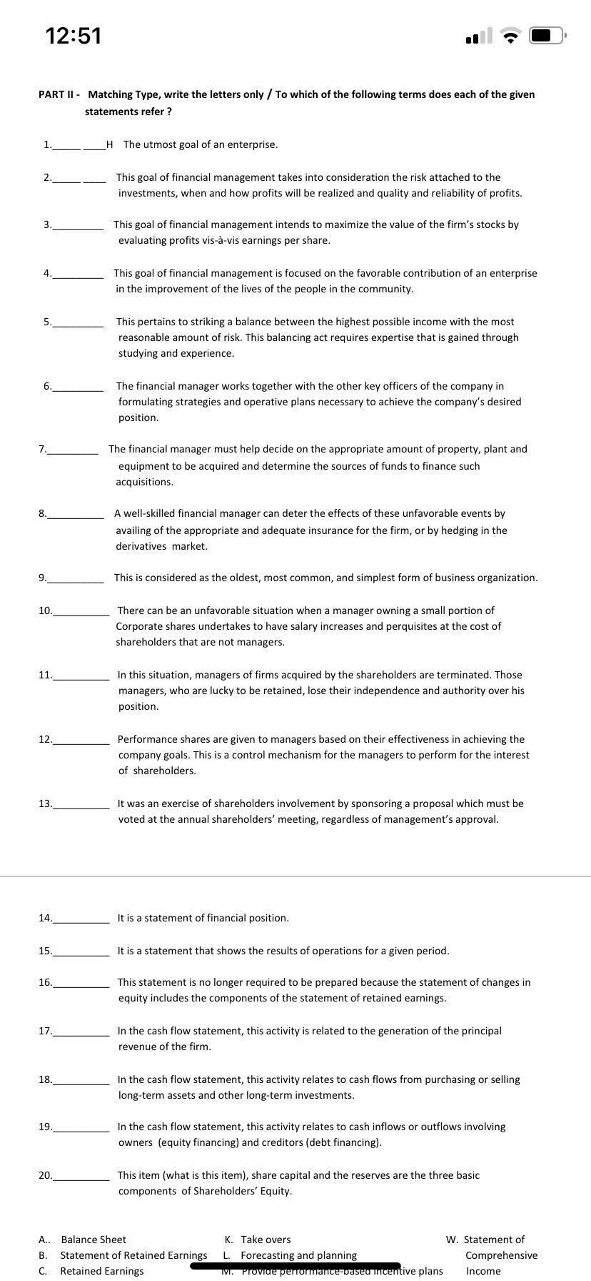  PART II - Matching Type, write the letters only / To