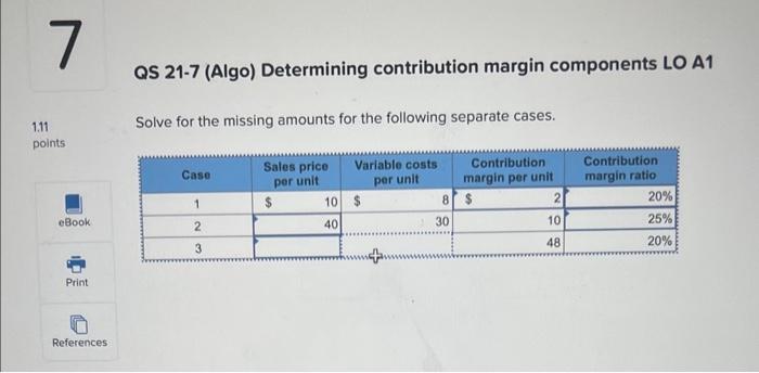  QS 21-7 (Algo) Determining contribution margin components LO A1 Solve for