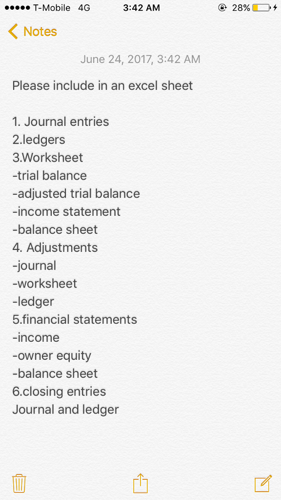  Include in an excel sheet 1. Journal entries 2.ledgers 3.Worksheet -trial