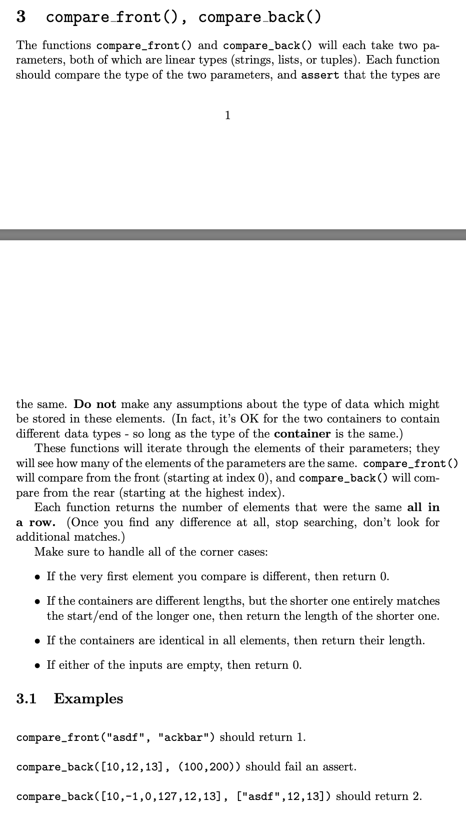  PYTHON LANGUAGE PLEASE 3 compare_front(), compare_back() The functions compare_front () and