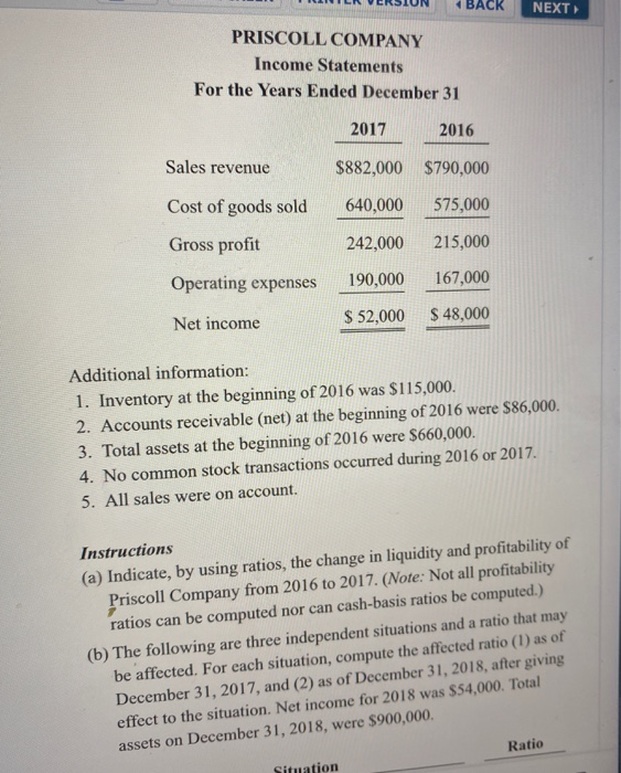 4 BACK NEXT P9-4 The following financial information is for Priscoll Company.