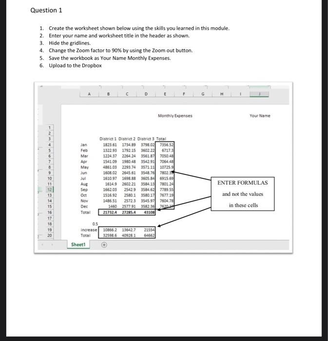  Question 1 1. Create the worksheet shown below using the skills