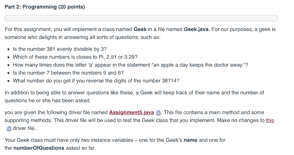  Part 2: Programming (20 points) For this assignment, you will implement