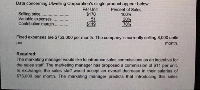  Data concerning Ulwelling Corporation's single product appear below: Per Unit $170