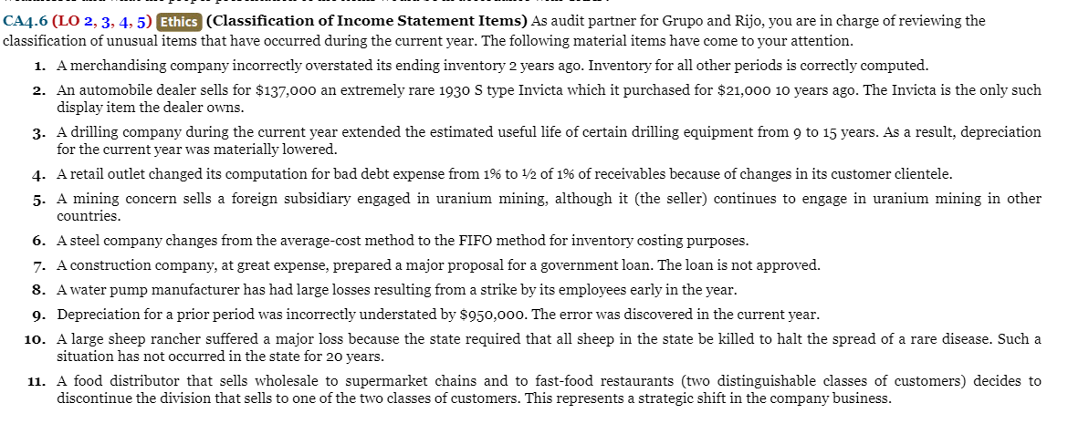 completed work in Excel format. CA4.6 (LO 2, 3, 4, 5) Ethics