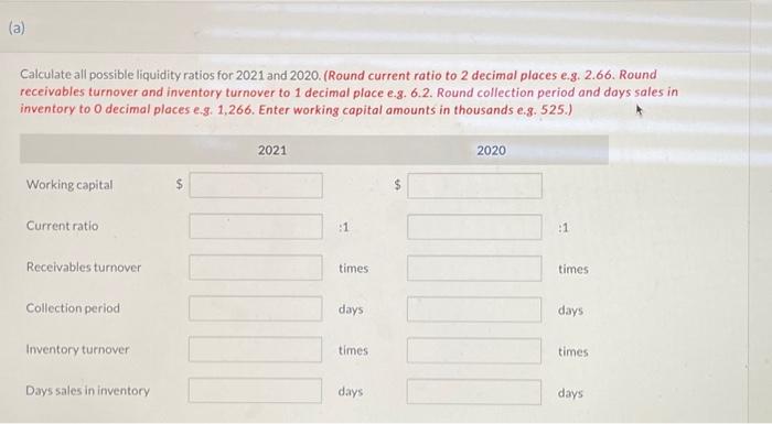 current ratio to 2 decimal places e.g. 2.66. Round receivables turnover and