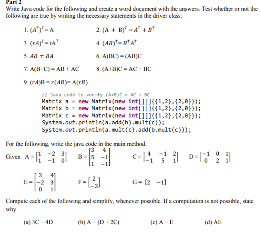  Part 2 Write Java code for the following and create a