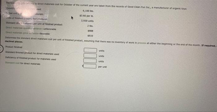 data relating to direct materials cost for October of the rirrantwis... taken