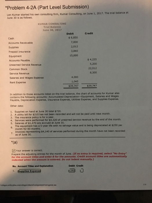  Problem 4-2A (Part Level Submission) Len Kumar started his own consulting