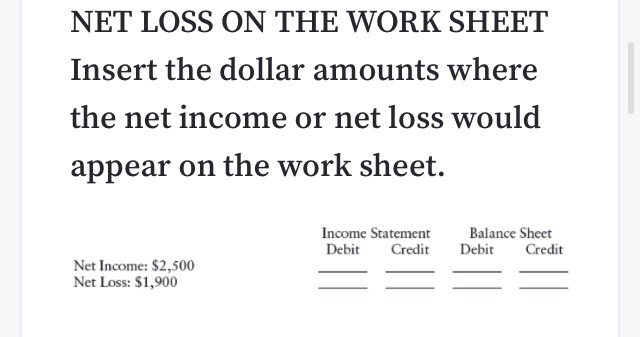  NET LOSS ON THE WORK SHEET Insert the dollar amounts where
