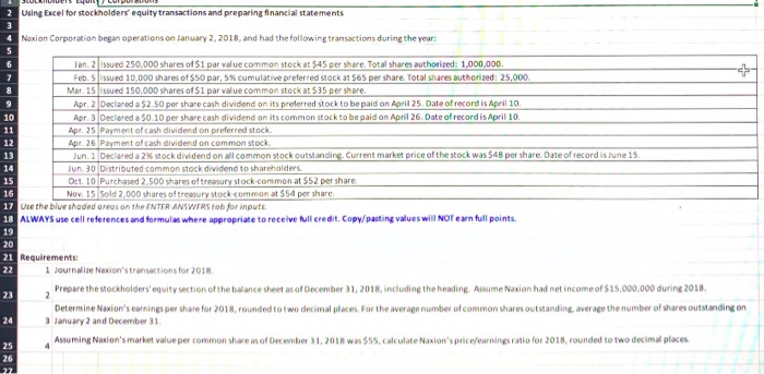  I need help please 2 Using Excel for stockholders' equity transactions