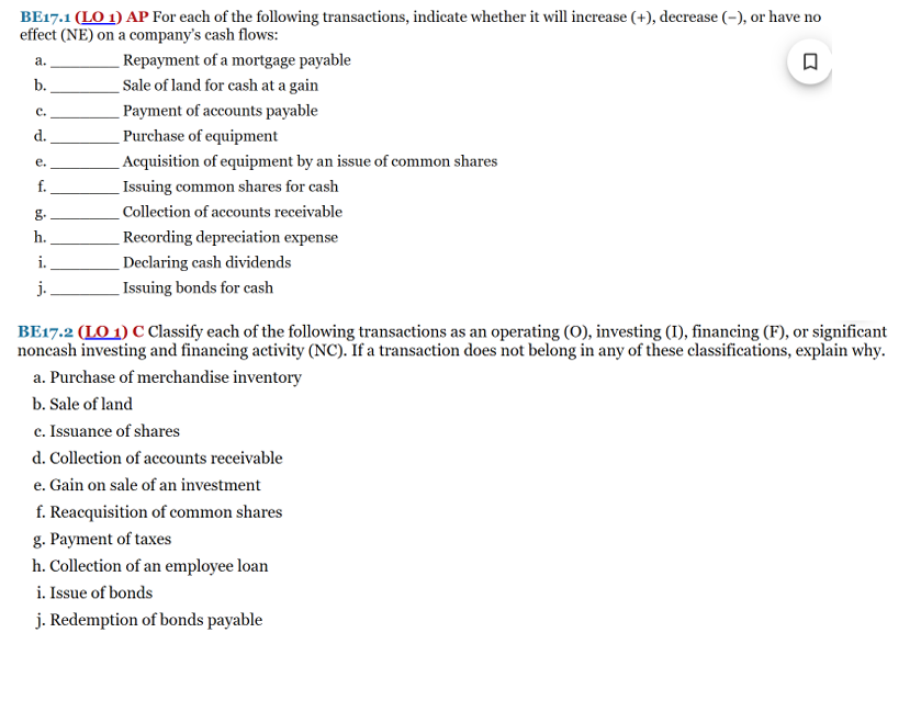  BE17.1(LO 1) AP For each of the following transactions, indicate whether