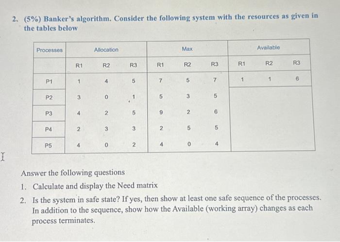 1 and 2 (5\%) Banker's algorithm. Consider the following system with the
