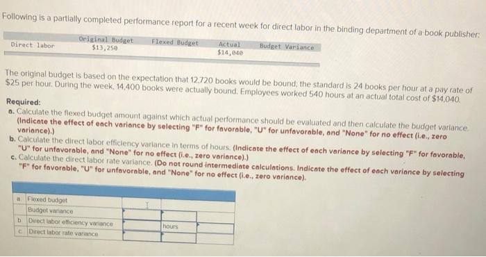  Following is a partially completed performance report for a recent week