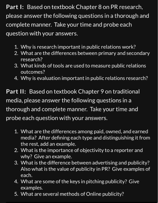  Part I: Based on textbook Chapter 8 on PR research, please