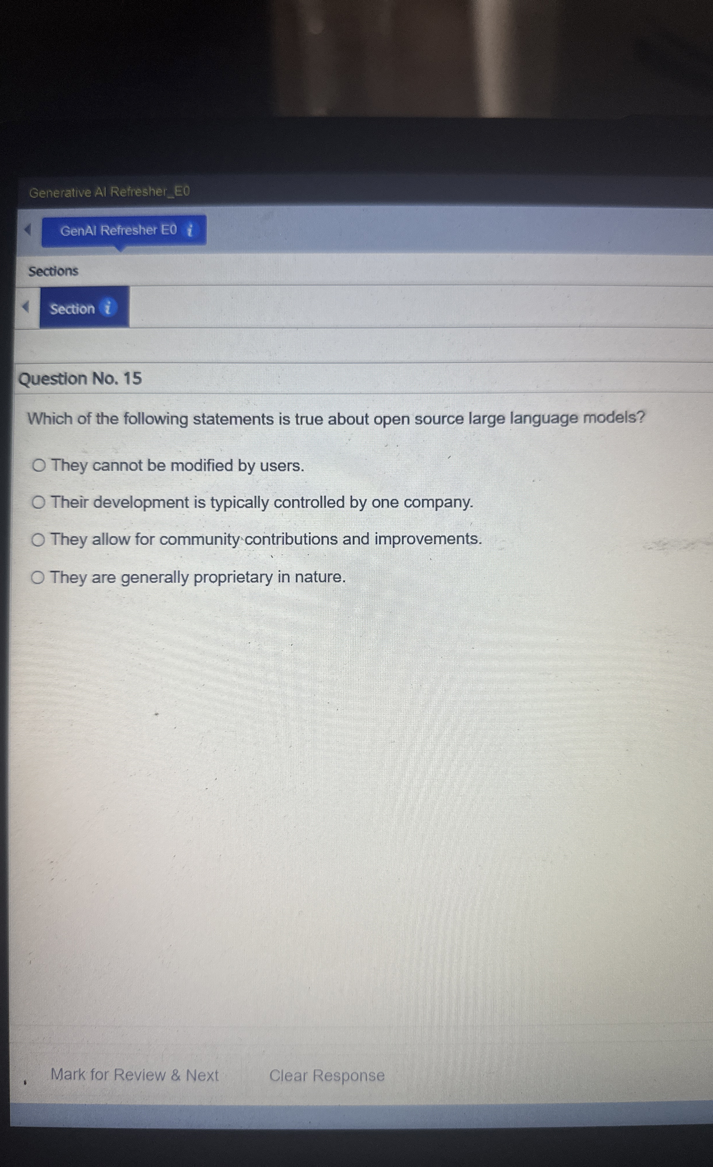  Generative Al Refresher_EO GenAl Refresher E0i Sections Question No.15 Which of
