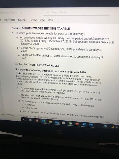  o search (Artan References Mailings Review View Help Section 8-WHEN WAGES