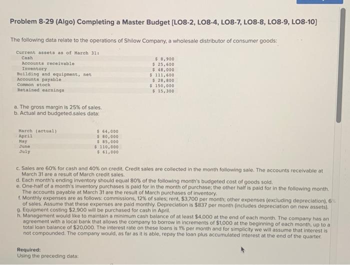  Problem 8-29 (Algo) Completing a Master Budget [LO8-2, LO8-4, LO8-7, LO8-8,