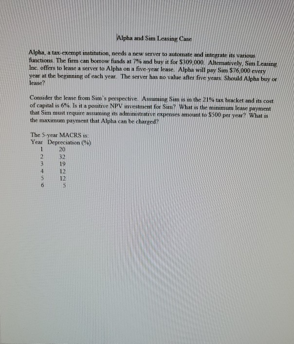  Alpha and Sim Leasing Case Alpha, a tax-exempt institution, needs a