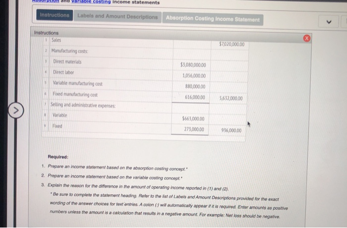 Absorption Costing Income Statement Instructions During the first month of operations ended