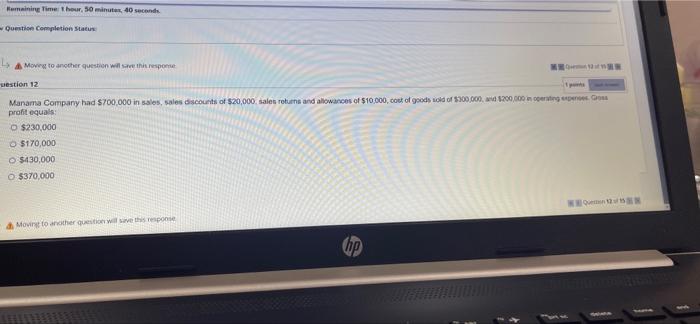  Remaining Time: 1 hour, 50 minutes, 40 seconds. Question Completion Status