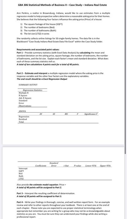  GBA 306 Statistical Methods of Business Il Case Study - Indiana