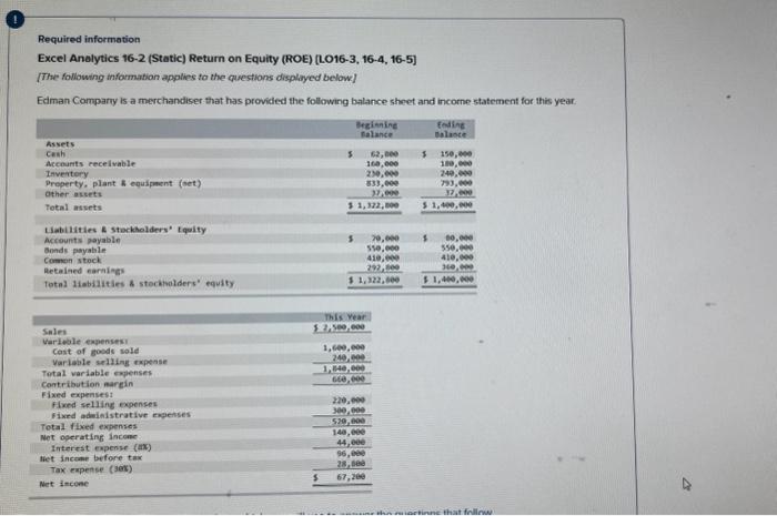 what is the answer Required information Excel Analytics 16-2 (Static) Return on