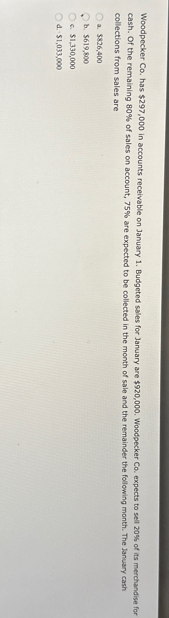  Woodpecker Co. has $297,000 in accounts receivable on January 1. Budgeted