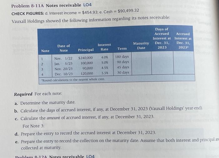  Problem 8-11A Notes receivable LO4 CHECK FIGURES: d. Interest income =$454.93;
