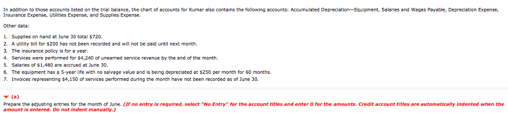 1, 2017. The trial balance at June 30 is as follows KUMAR
