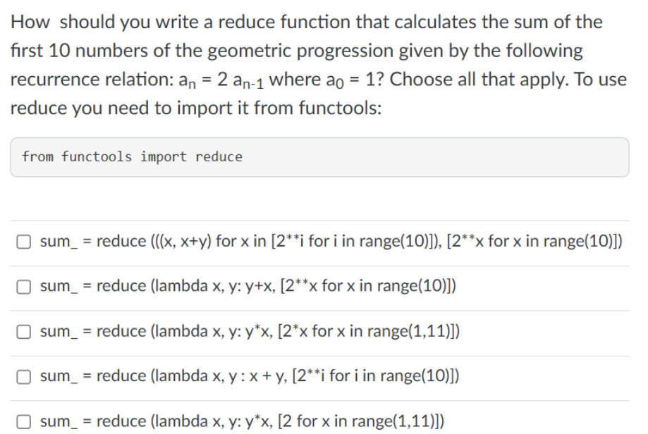 How should you write a reduce function that calculates the sum