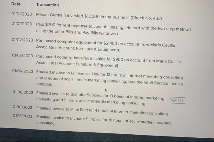  Quick book transaction Quick book transaction Date Transaction 01/01/2023 Mason Germain