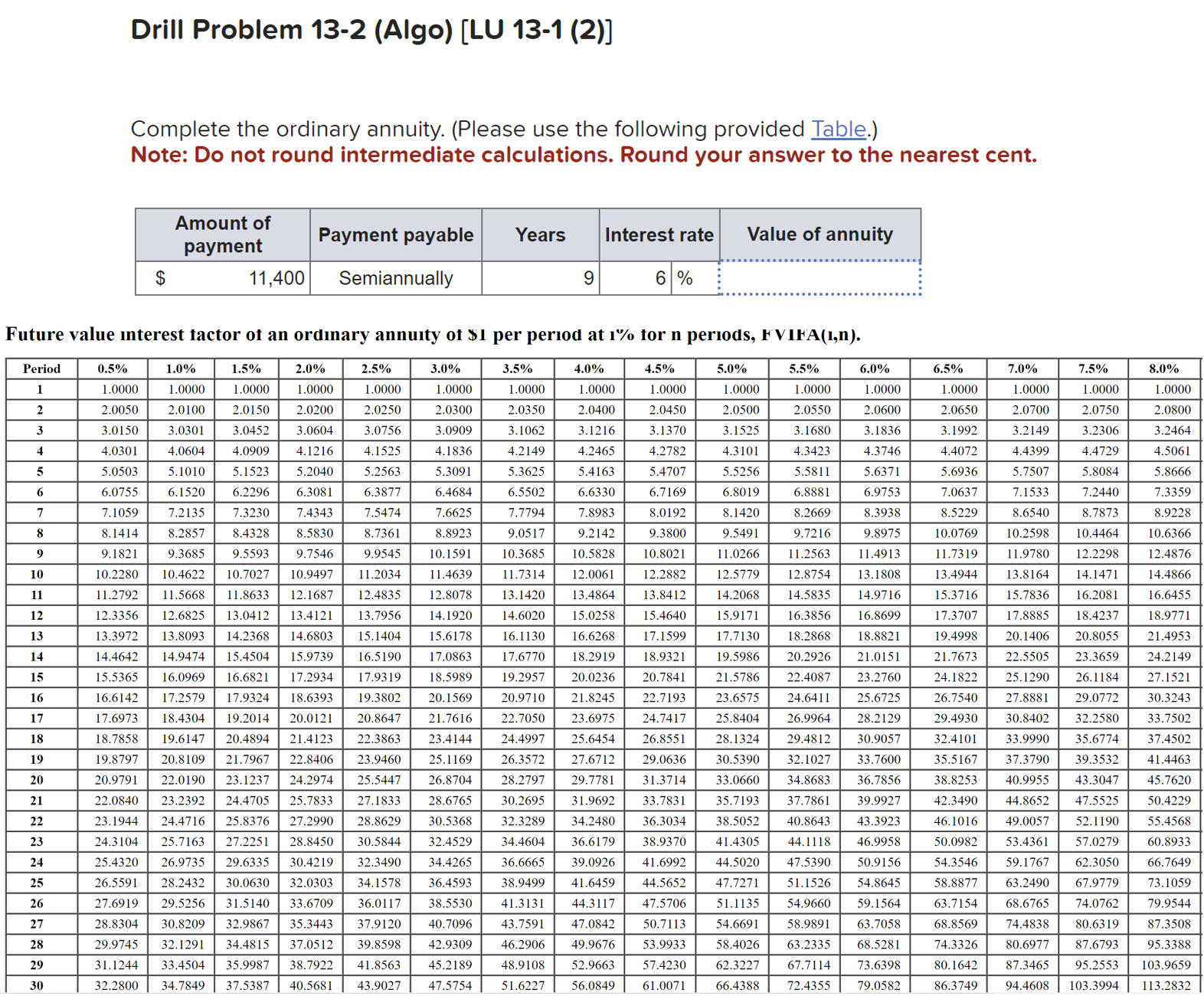  Drill Problem 13-2(Algo)[LU 13-1(2)] Complete the ordinary annuity. (Please use the