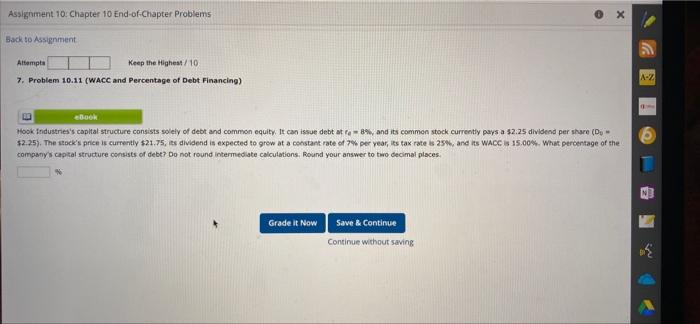 10.11 (WACC and Percentage of Debt Financing) ebook Hook Industries's capital structura