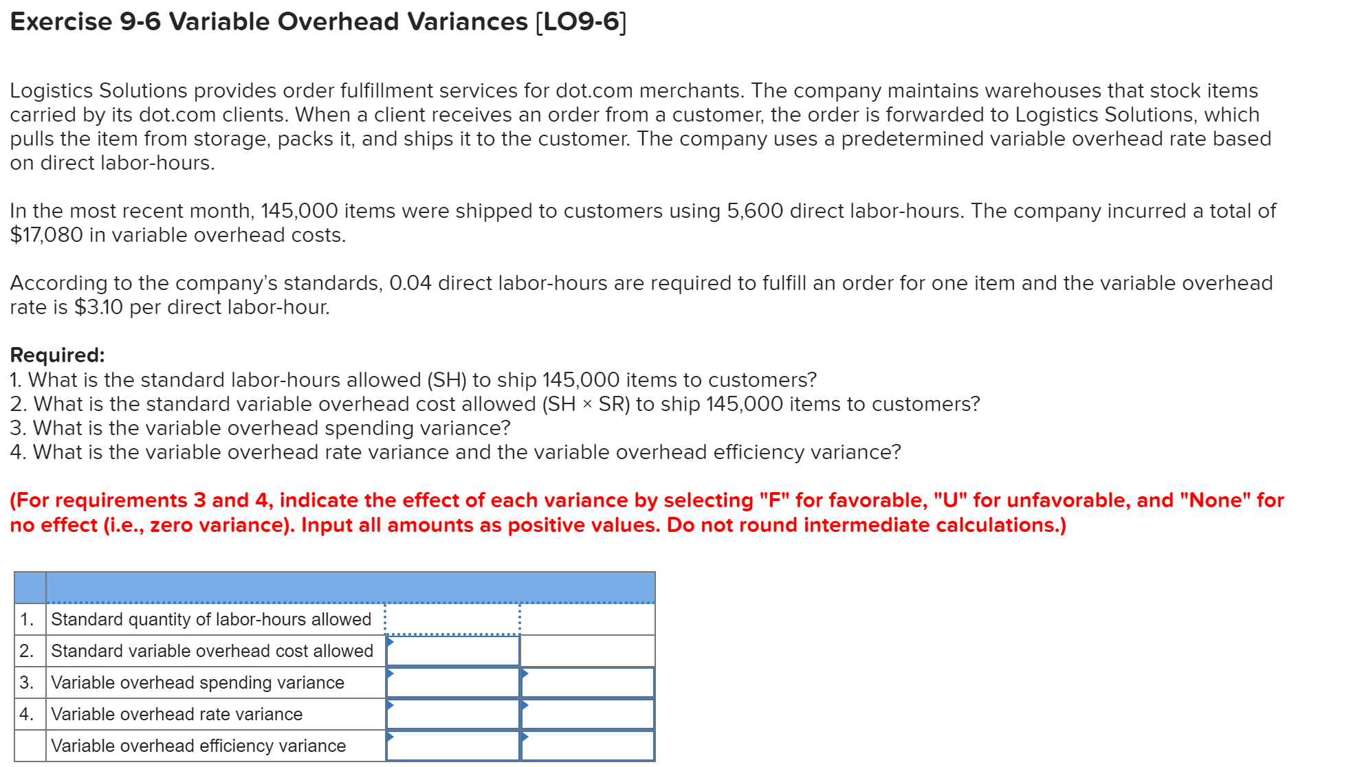 Exercise 9-6 Variable Overhead Variances [LO9-6] Logistics Solutions provides order fulfillment services