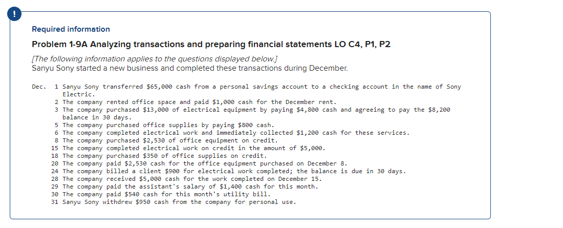 ! Required information Problem 1-9A Analyzing transactions and preparing financial statements